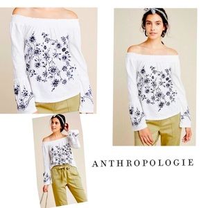 ANTHROPOLOGIE - Annie Embroidered Off The Shoulder Blouse- Flounced Sleeves Sz S